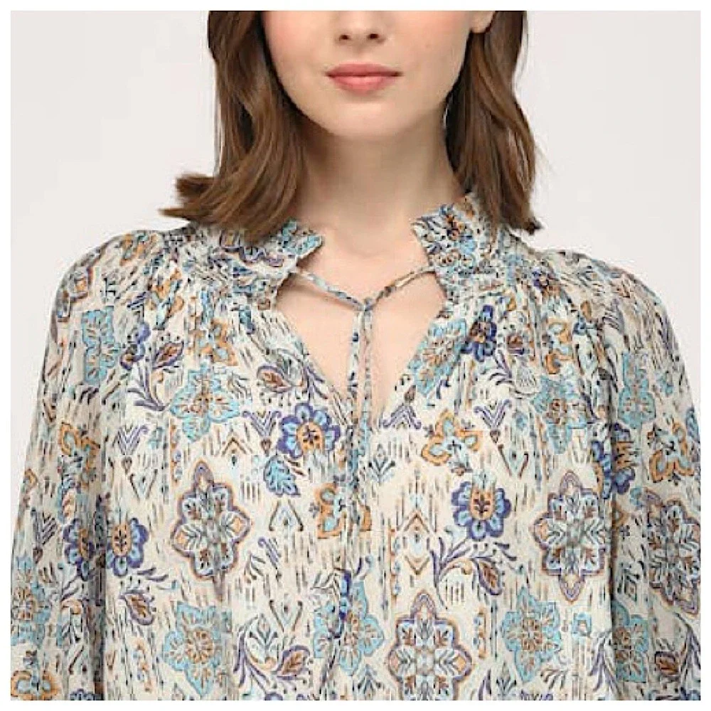 Fate Border‎ Print Tie Neck Peasant Blouse Womens Sz L Long Sleeve Cotton Voile